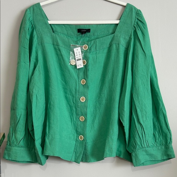 J. Crew 2X 100% Linen Square Neck Puffy Sleeves Kelly Green Blouse lightweight - Picture 7 of 16